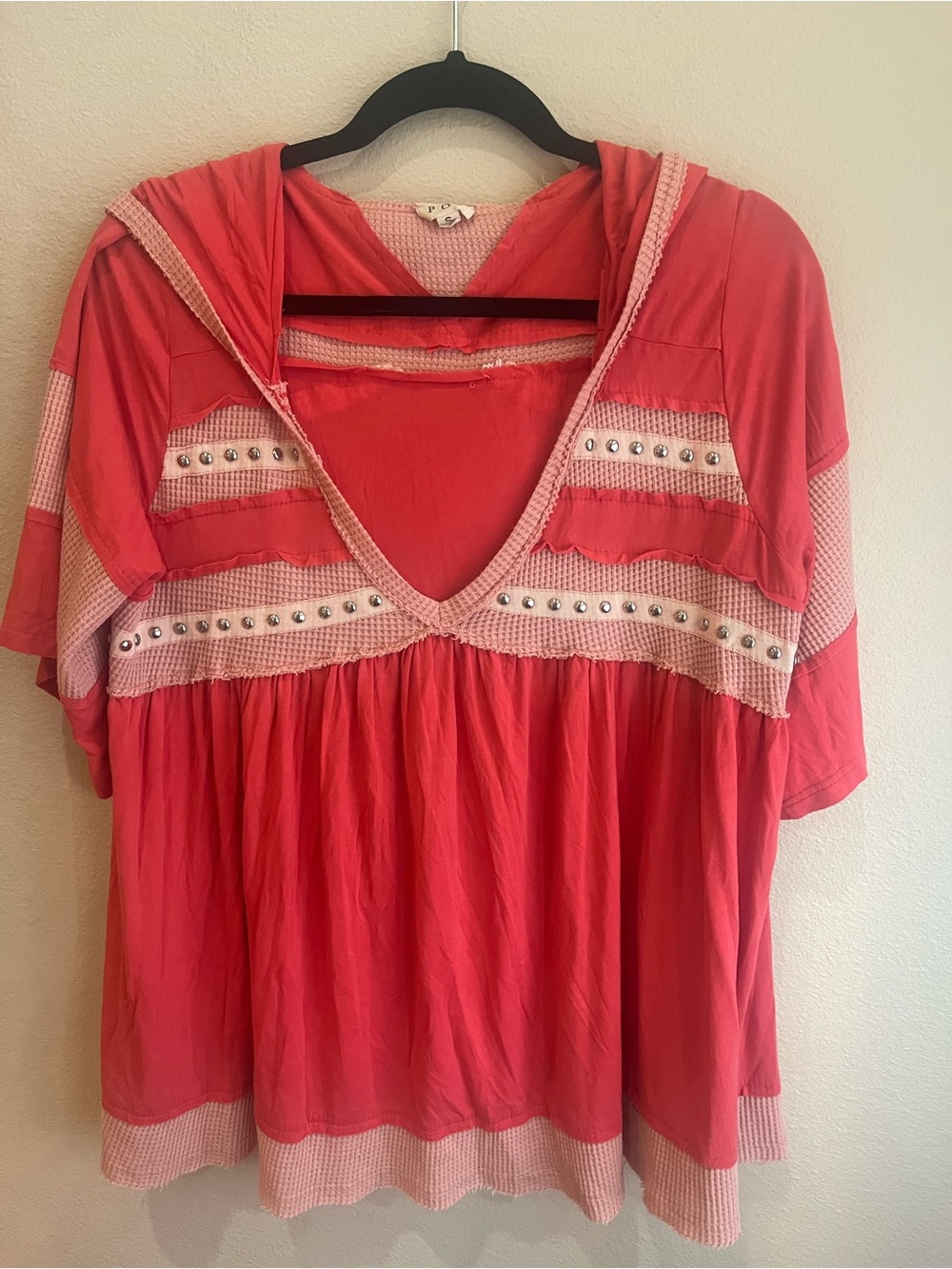 POL Coral Pink Hooded V-Neck Tunic with Stud Trim